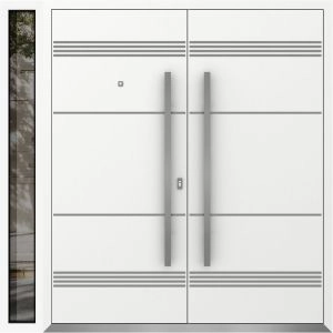 Front Exterior Prehung Metal Double Doors / Deux 1705 White Enamel / 1 Sidelight / Entry Modern Painted 86x96 (W72+14" x H96") Left hand Outswing