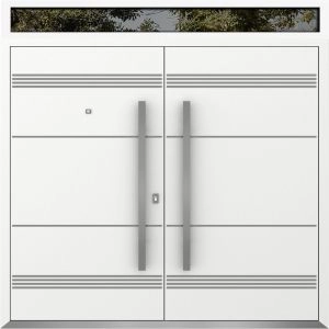 Front Exterior Prehung Metal Double Doors / Deux 1705 White Enamel / Top Transom / Entry Modern Painted (W72" x H96+12") Right hand Outswing