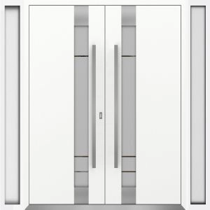 Front Exterior Prehung Metal Double Doors / Deux 1713 White Enamel Frosted Glass / 2 Sidelights / Entry Modern Painted 96x80 (W12+72+12" x H80") Right hand Inswing