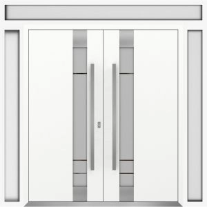Front Exterior Prehung Metal Double Doors / Deux 1713 White Enamel Frosted Glass / 2 Sidelights and Top Transom / Entry Modern Painted 104x108 (W16+72+16" x H96+12") Right hand Outswing
