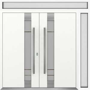 Front Exterior Prehung Metal Double Doors / Deux 1713 White Enamel Frosted Glass / 1 Sidelight and Top Transom / Entry Modern Painted 86x108 (W72+14" x H96+12") Left hand Outswing