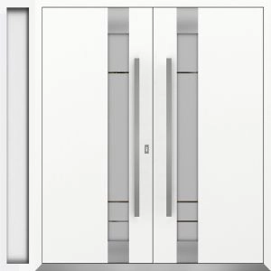 Front Exterior Prehung Metal Double Doors / Deux 1713 White Enamel Frosted Glass / 1 Sidelight / Entry Modern Painted 88x96 (W72+16" x H96") Right hand Inswing