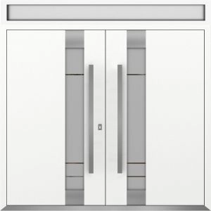 Front Exterior Prehung Metal Double Doors / Deux 1713 White Enamel Frosted Glass / Top Transom / Entry Modern Painted (W72" x H96+12") Right hand Outswing