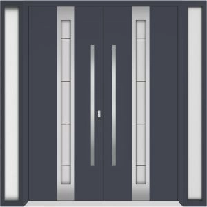 Front Exterior Prehung Aluminum Double Doors / Deux 1717 Gray Graphite Frosted Glass / 2 Sidelights / Entry Modern Painted 100x96 (W14+72+14" x H96") Left hand Outswing