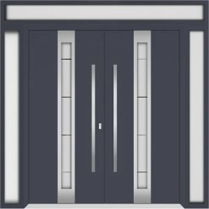 Front Exterior Prehung Metal Double Doors / Deux 1717 Gray Graphite Frosted Glass / 2 Sidelights and Top Transom / Entry Modern Painted 100x112 (W14+72+14" x H96+16") Right hand Outswing