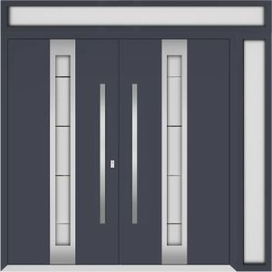 Front Exterior Prehung Metal Double Doors / Deux 1717 Gray Graphite Frosted Glass / 1 Sidelight and Top Transom / Entry Modern Painted 84x96 (W72+12" x H96+16") Left hand Outswing