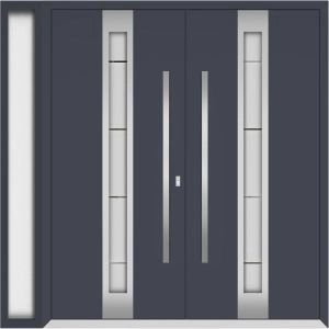 Front Exterior Prehung Metal Double Doors / Deux 1717 Gray Graphite Frosted Glass / 1 Sidelight / Entry Modern Painted 86x96 (W72+14" x H96") Left hand Outswing
