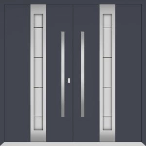 Front Exterior Prehung Metal Double Doors / Deux 1717 Gray Graphite Frosted Glass / Entry Modern Painted (W72" x H96") Left hand Outswing