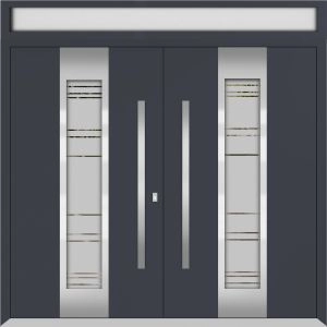 Front Exterior Prehung Metal Double Doors / Deux 1717 Gray Graphite Frosted Glass / Top Transom / Entry Modern Painted (W72" x H96+16") Left hand Outswing