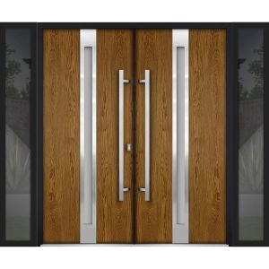 Front Exterior Prehung Aluminum Double Doors / Deux 1744 Natural Oak Frosted Glass / 2 Sidelights / Entry Modern Painted 104x96 (W16+72+16" x H96") Right hand Outswing