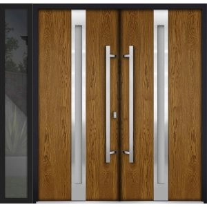 Front Exterior Prehung Metal Double Doors / Deux 1744 Natural Oak Frosted Glass / 1 Sidelight / Entry Modern Painted 88x96 (W72+16" x H96") Left hand Outswing