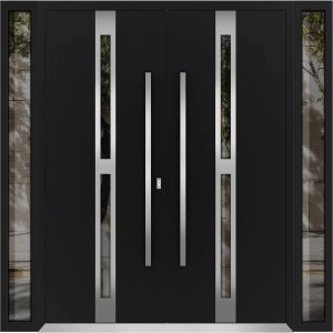 Front Exterior Prehung Aluminum Double Doors / Deux 1755 Black Enamel Opaque Black Glass / 2 Sidelights / Entry Modern Painted 96x96 (W12+72+12" x H96") Right hand Outswing