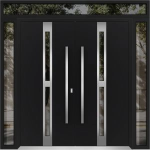 Front Exterior Prehung Metal Double Doors / Deux 1755 Black Enamel Opaque Black Glass / 2 Sidelights and Top Transom / Entry Modern Painted 104x110 (W16+72+16" x H96+14") Right hand Outswing