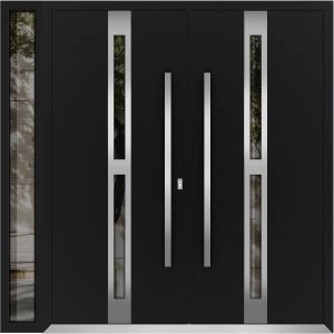 Front Exterior Prehung Metal Double Doors / Deux 1755 Black Enamel Opaque Black Glass / 1 Sidelight / Entry Modern Painted 84x96 (W72+12" x H96") Left hand Outswing