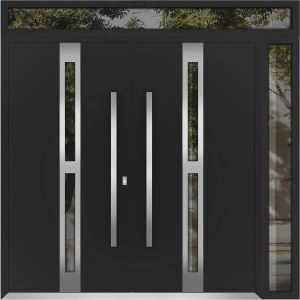 Front Exterior Prehung Metal Double Doors / Deux 1755 Black Enamel Opaque Black Glass / 1 Sidelight and Top Transom / Entry Modern Painted 88x110 (W72+16" x H96+14") Left hand Outswing