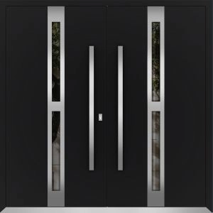 Front Exterior Prehung Metal Double Doors / Deux 1755 Black Enamel Opaque Black Glass / Top Transom / Entry Modern Painted (W72" x H96") Right hand Outswing