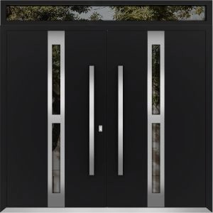Front Exterior Prehung Metal Double Doors / Deux 1755 Black Enamel Opaque Black Glass / Top Transom / Entry Modern Painted (W72" x H96+14") Left hand Outswing