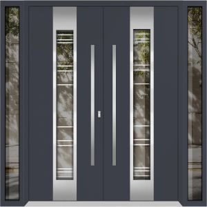 Front Exterior Prehung Aluminum Double Doors / Deux 5755 Gray Graphite Clear Glass / 2 Sidelights / Entry Modern Painted 100x96 (W14+72+14" x H96") Right hand Outswing