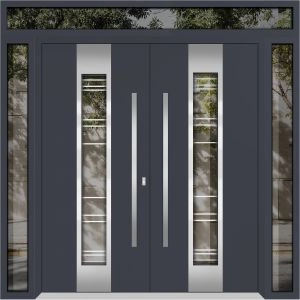 Front Exterior Prehung Metal Double Doors / Deux 5755 Gray Graphite Clear Glass / 2 Sidelights and Top Transom / Entry Modern Painted 104x110 (W16+72+16" x H96+14") Right hand Outswing