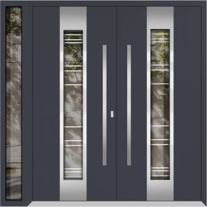 Front Exterior Prehung Metal Double Doors / Deux 5755 Gray Graphite Clear Glass / 1 Sidelight / Entry Modern Painted 84x80 (W72+12" x H80") Right hand Inswing