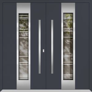 Front Exterior Prehung Metal Double Doors / Deux 5755 Gray Graphite Clear Glass / Entry Modern Painted (W72" x H96") Right hand Outswing
