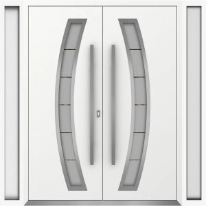 Front Exterior Prehung Aluminum Double Doors / Deux 6500 White Enamel Frosted Glass / 2 Sidelights / Entry Modern Painted 100x96 (W14+72+14" x H96") Left hand Outswing