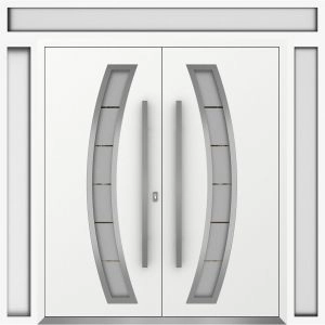 Front Exterior Prehung Metal Double Doors / Deux 6500 White Enamel Frosted Glass / 2 Sidelights and Top Transom / Entry Modern Painted 104x112 (W16+72+16" x H96+16") Left hand Outswing