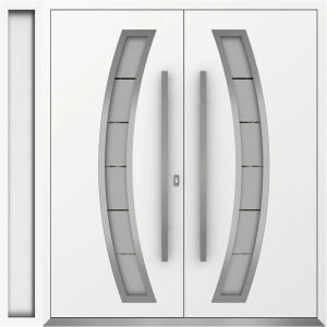 Front Exterior Prehung Metal Double Doors / Deux 6500 White Enamel Frosted Glass / 1 Sidelight / Entry Modern Painted 84x80 (W72+12" x H80") Right hand Inswing