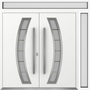 Front Exterior Prehung Metal Double Doors / Deux 6500 White Enamel Frosted Glass / 1 Sidelight and Top Transom / Entry Modern Painted 84x96 (W72+12" x H96+16") Right hand Outswing