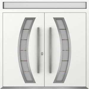 Front Exterior Prehung Metal Double Doors / Deux 6500 White Enamel Frosted Glass / Top Transom / Entry Modern Painted (W72" x H96+14") Left hand Outswing