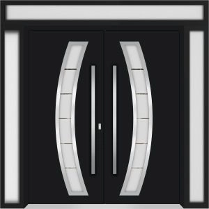 Front Exterior Prehung Metal Double Doors / Deux 6500 Black Enamel Frosted Glass / 2 Sidelights and Top Transom / Entry Modern Painted 96x108 (W12+72+12" x H96+12") Right hand Inswing