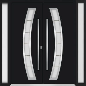 Front Exterior Prehung Aluminum Double Doors / Deux 6500 Black Enamel Frosted Glass / 2 Sidelights / Entry Modern Painted 100x96 (W14+72+14" x H96") Right hand Outswing
