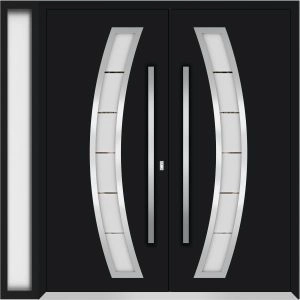 Front Exterior Prehung Metal Double Doors / Deux 6500 Black Enamel Frosted Glass / 1 Sidelight / Entry Modern Painted 86x96 (W72+14" x H96") Right hand Outswing
