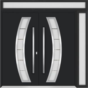 Front Exterior Prehung Metal Double Doors / Deux 6500 Black Enamel Frosted Glass / 1 Sidelight and Top Transom / Entry Modern Painted 86x96 (W72+14" x H96+16") Left hand Outswing