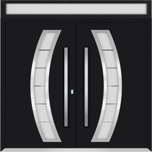 Front Exterior Prehung Metal Double Doors / Deux 6500 Black Enamel Frosted Glass / Top Transom / Entry Modern Painted (W72" x H96+14") Left hand Outswing