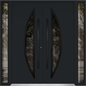 Front Exterior Prehung Aluminum Double Doors / Deux 6501 Black Enamel Opaque Black Glass / 2 Sidelights / Entry Modern Painted 100x96 (W14+72+14" x H96") Right hand Outswing
