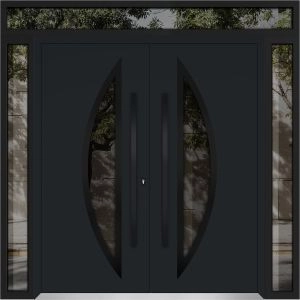 Front Exterior Prehung Metal Double Doors / Deux 6501 Black Enamel Opaque Black Glass / 2 Sidelights and Top Transom / Entry Modern Painted 100x108 (W14+72+14" x H96+12") Left hand Outswing