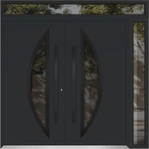 Front Exterior Prehung Metal Double Doors / Deux 6501 Black Enamel Opaque Black Glass / 1 Sidelight and Top Transom / Entry Modern Painted 84x96 (W72+12" x H96+16") Right hand Outswing