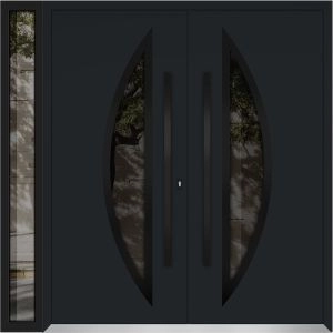 Front Exterior Prehung Metal Double Doors / Deux 6501 Black Enamel Opaque Black Glass / 1 Sidelight / Entry Modern Painted 86x96 (W72+14" x H96") Right hand Outswing