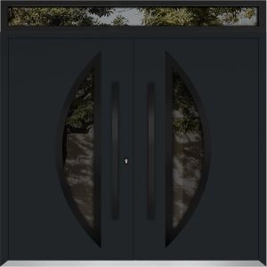Front Exterior Prehung Metal Double Doors / Deux 6501 Black Enamel Opaque Black Glass / Top Transom / Entry Modern Painted (W72" x H96+14") Right hand Outswing