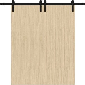 Sliding Double Barn Doors with Hardware | Planum 0010 Vertical Natural Veneer | 13FT Rail Hangers Sturdy Set | Modern Solid Panel Interior Hall Bedroom Bathroom Door