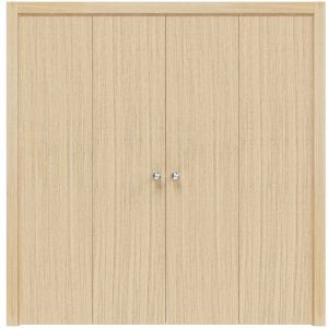 Sliding Closet Double Bi-fold Doors | Planum 0010 Vertical Natural Veneer | Sturdy Tracks Moldings Trims Hardware Set | Wood Solid Bedroom Wardrobe Doors