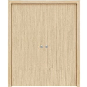 Modern Double Pocket Doors | Planum 0010 Vertical Natural Veneer | Kit Trims Rail Hardware | Solid Wood Interior Bedroom Sliding Closet Sturdy Door