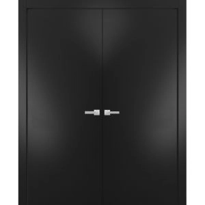 Solid French Double Doors | Planum 0010 Matte Black | Wood Solid Panel Frame Trims | Closet Bedroom
