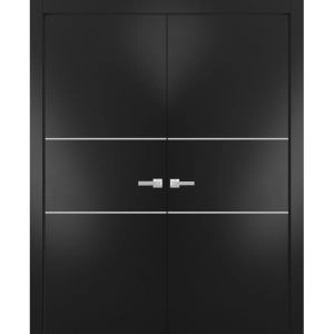 Solid French Double Doors | Planum 0110 Matte Black and Aluminum Strips | Wood Solid Panel Frame Trims | Closet Bedroom