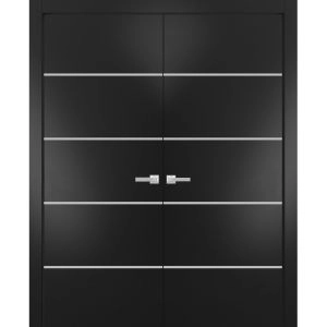 Solid French Double Doors | Planum 0210 Matte Black and Aluminum Strips | Wood Solid Panel Frame Trims | Closet Bedroom