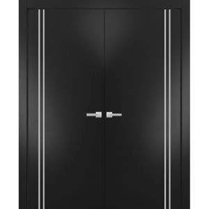 Solid French Double Doors | Planum 0310 Matte Black and Aluminum Strips | Wood Solid Panel Frame Trims | Closet Bedroom