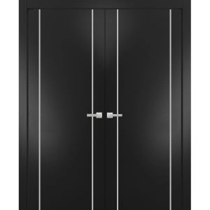 Solid French Double Doors | Planum 0410 Matte Black | Wood Solid Panel Frame Trims | Closet Bedroom