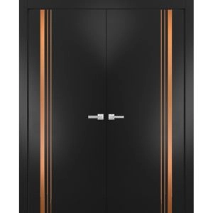Solid French Double Doors | Planum 1010 Matte Black and Aluminum Strips | Wood Solid Panel Frame Trims | Closet Bedroom