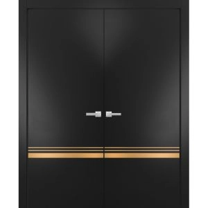 Solid French Double Doors | Planum 2010 Matte Black and Aluminum Strips | Wood Solid Panel Frame Trims | Closet Bedroom